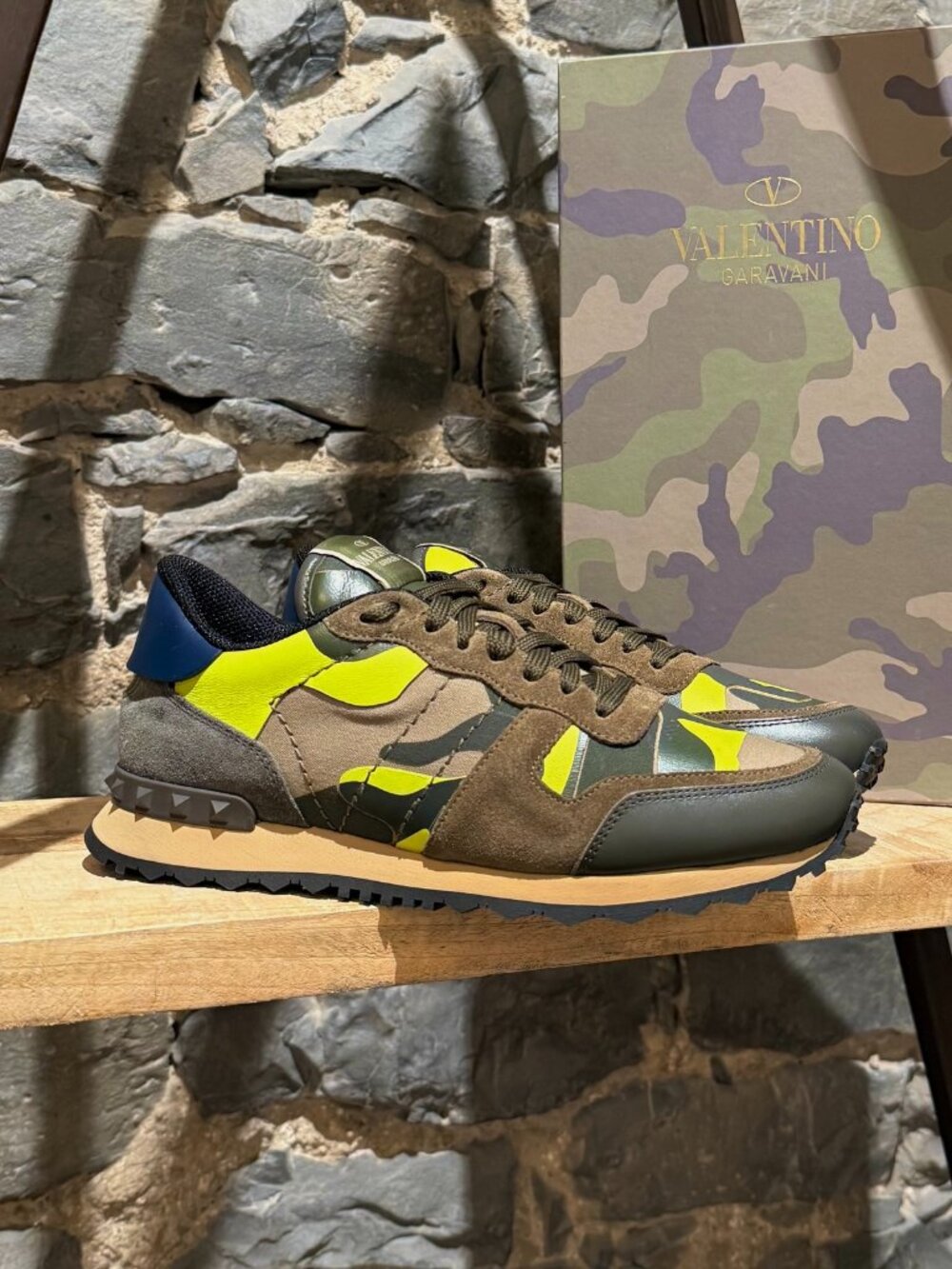 Valentino Green Suede Neon Camo Rockstud Sneakers